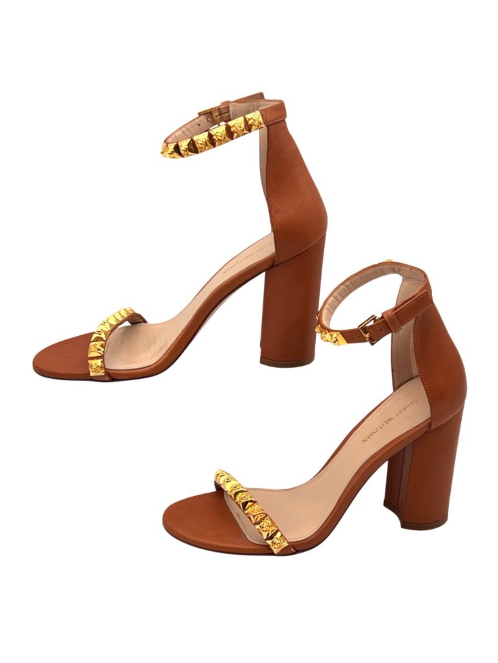 Stuart Weitzman Rosemarie Cognac Gold Stud Block Heels Ankle Strap 7.5B Spain - Picture 3 of 16